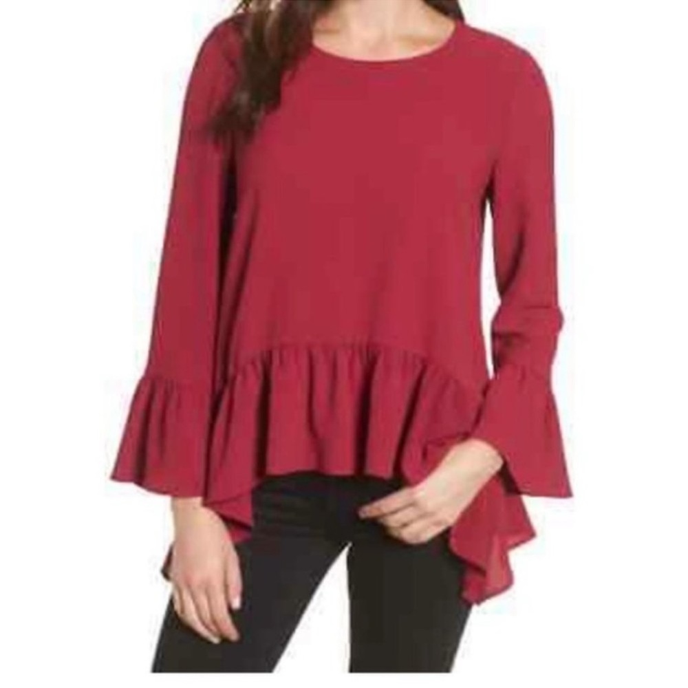 Gibson textured Maroon Red Peplum Ruffle Hem Bell Sleeve XL